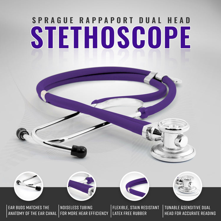 Studio shot of the purple Sprague Rappaport stethoscope highlighting the dual-head chest piece, noiseless tubing, and comfortable ear buds.