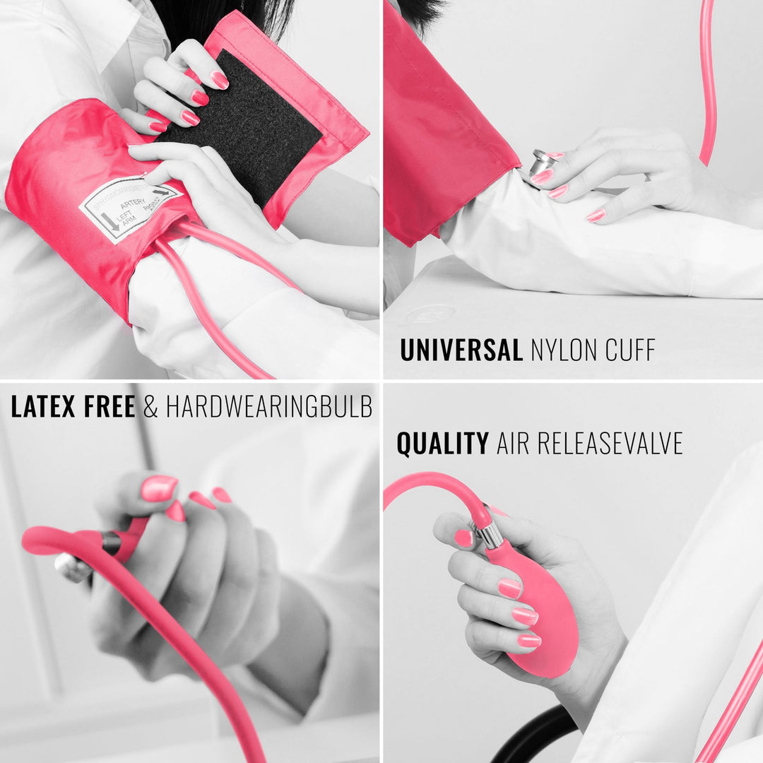 A four-panel collage showing details of the pink kit in use: the latex-free bulb, the universal nylon cuff, and the air release valve adjustment.