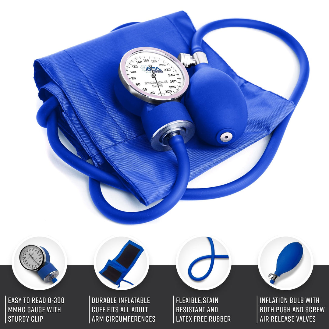 Detailed view of the royal blue manual blood pressure unit, featuring a 0-300 mmHg gauge, latex-free inflation bulb, and adjustable adult cuff.