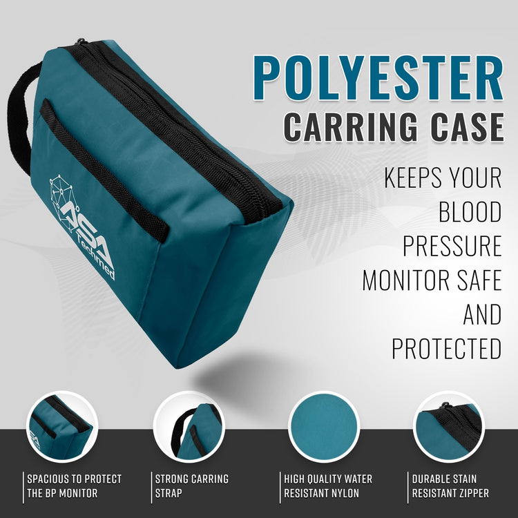 A teal polyester carrying case displayed dynamically with text highlighting features such as water-resistant nylon, a strong carrying strap, and durable zippers.