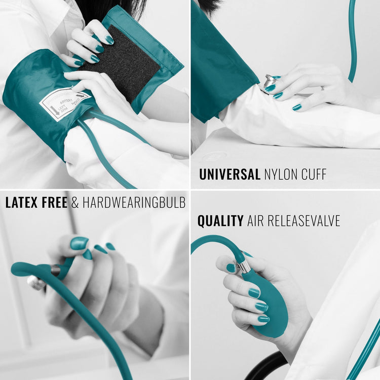 A four-panel collage showing details of the teal kit in use: the latex-free bulb, the universal nylon cuff, and the air release valve adjustment.