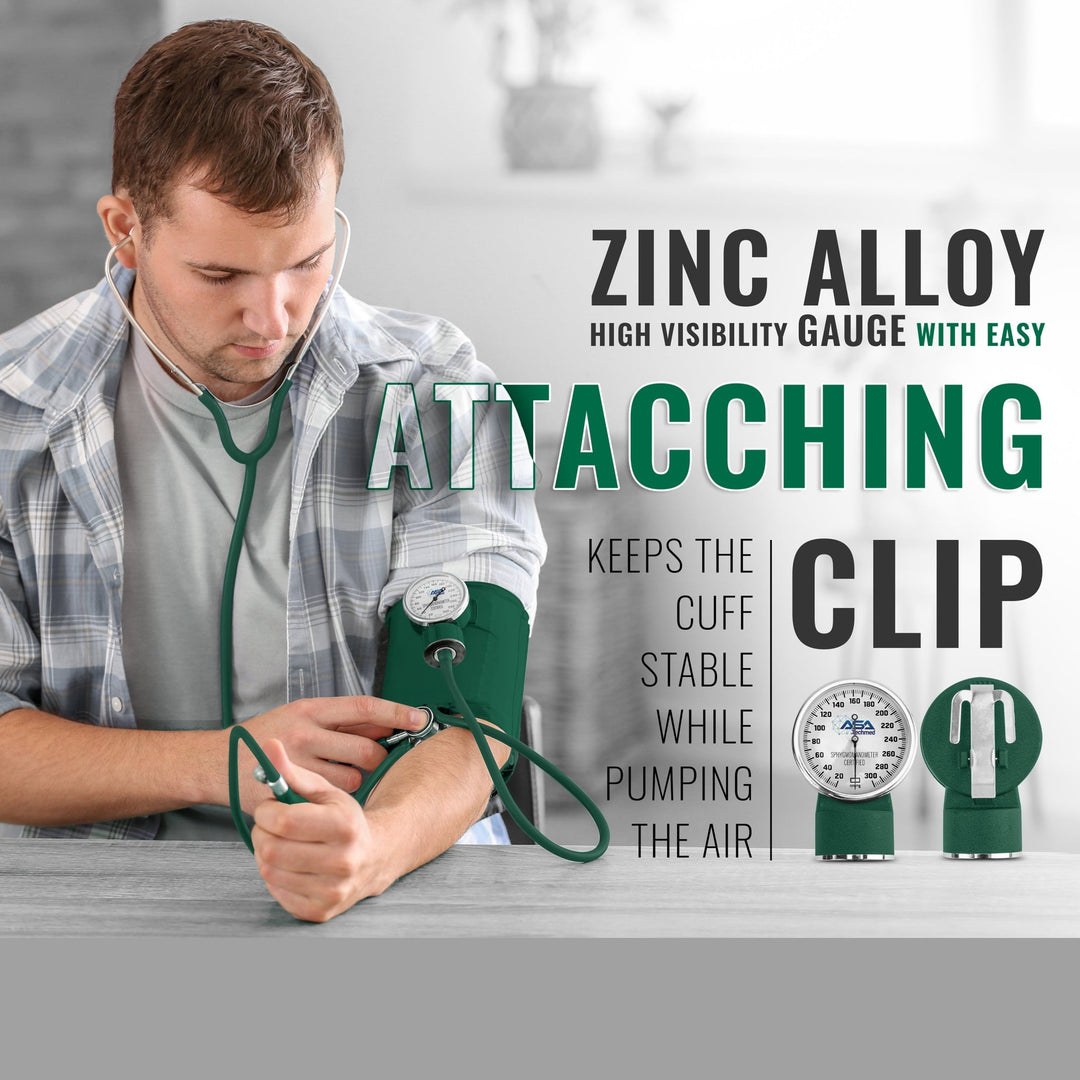 A male medical professional demonstrating the use of the hunter green blood pressure cuff, focusing on the zinc alloy gauge clipped securely to the cuff.