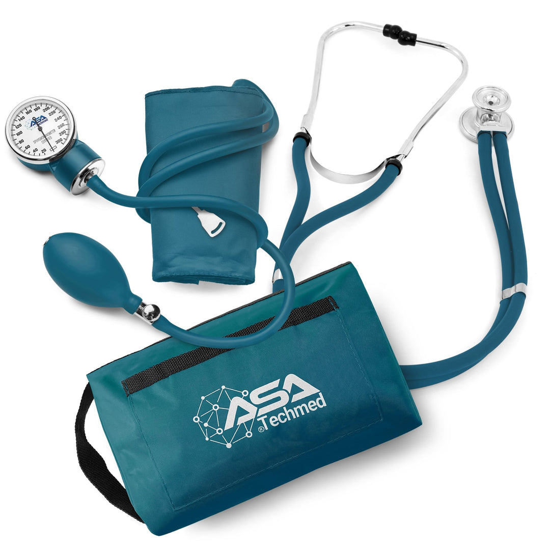 Top-down view of the complete teal medical kit, featuring a Sprague stethoscope, manual sphygmomanometer, and storage bag