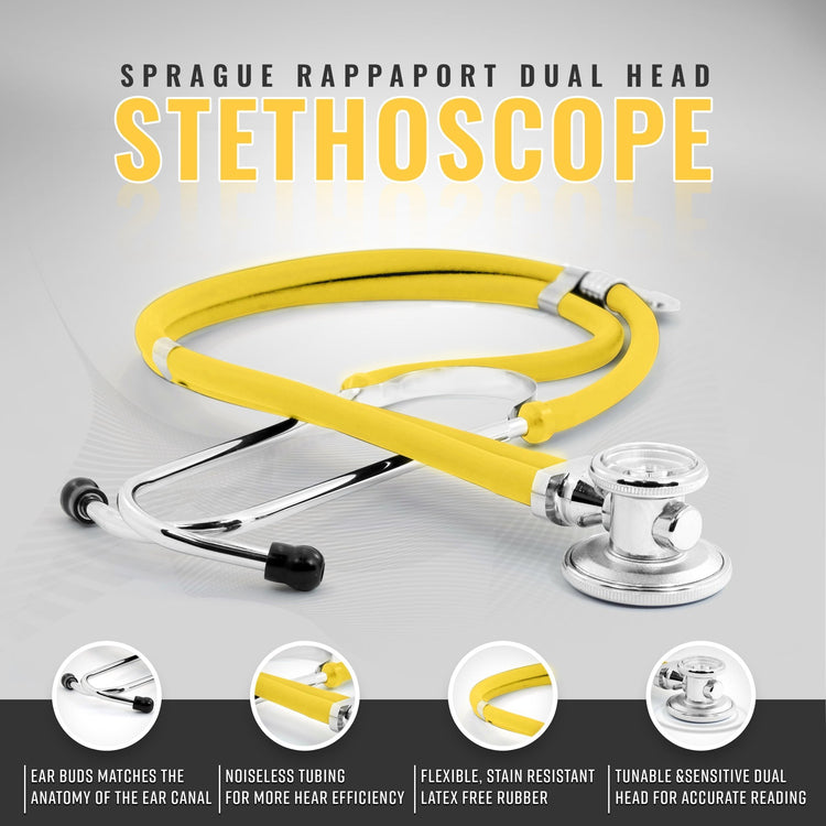 Studio shot of the yellow Sprague Rappaport stethoscope highlighting the dual-head chest piece, noiseless tubing, and comfortable ear buds.