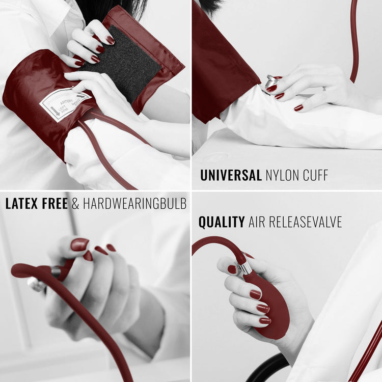 A four-panel collage showing details of the burgundy kit in use: the latex-free bulb, the universal nylon cuff, and the air release valve adjustment.