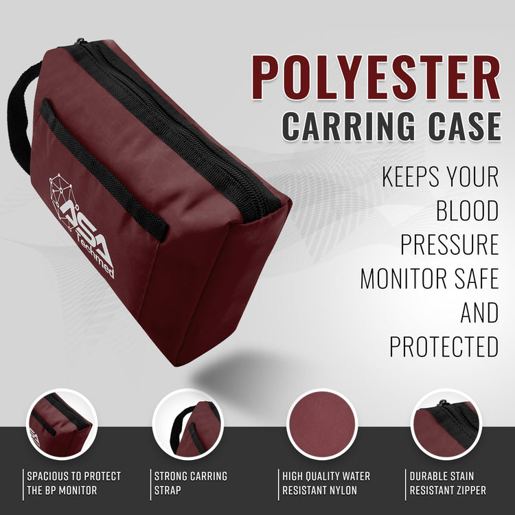A burgundy polyester carrying case displayed dynamically with text highlighting features such as water-resistant nylon, a strong carrying strap, and durable zippers.