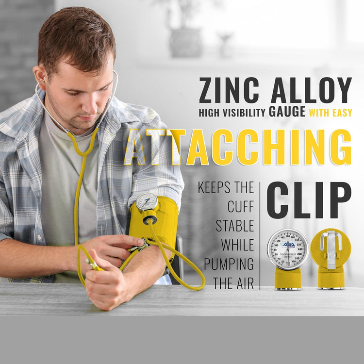 A male medical professional demonstrating the use of the yellow blood pressure cuff, focusing on the zinc alloy gauge clipped securely to the cuff.