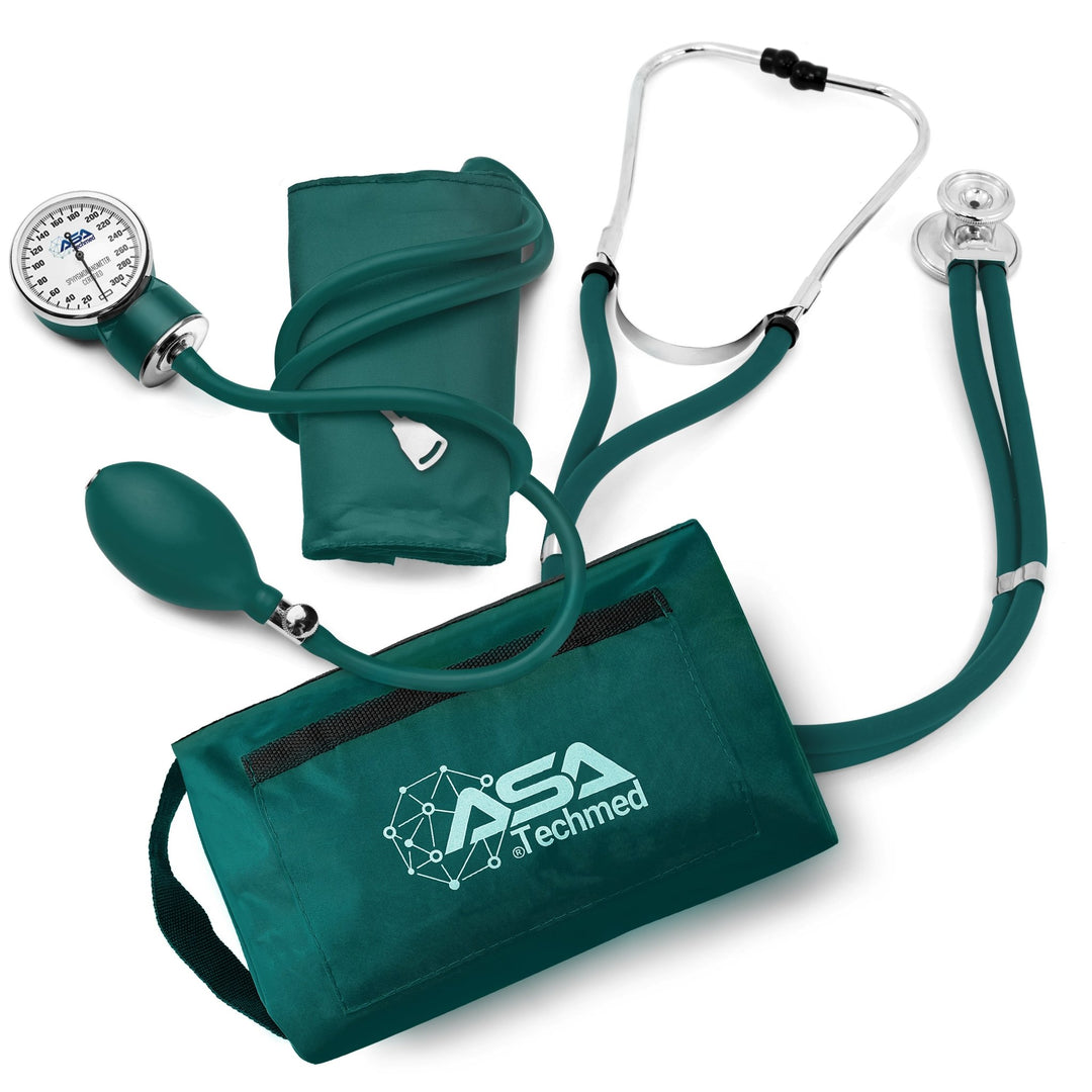 Top-down view of the complete hunter green medical kit, featuring a Sprague stethoscope, manual sphygmomanometer, and storage bag
