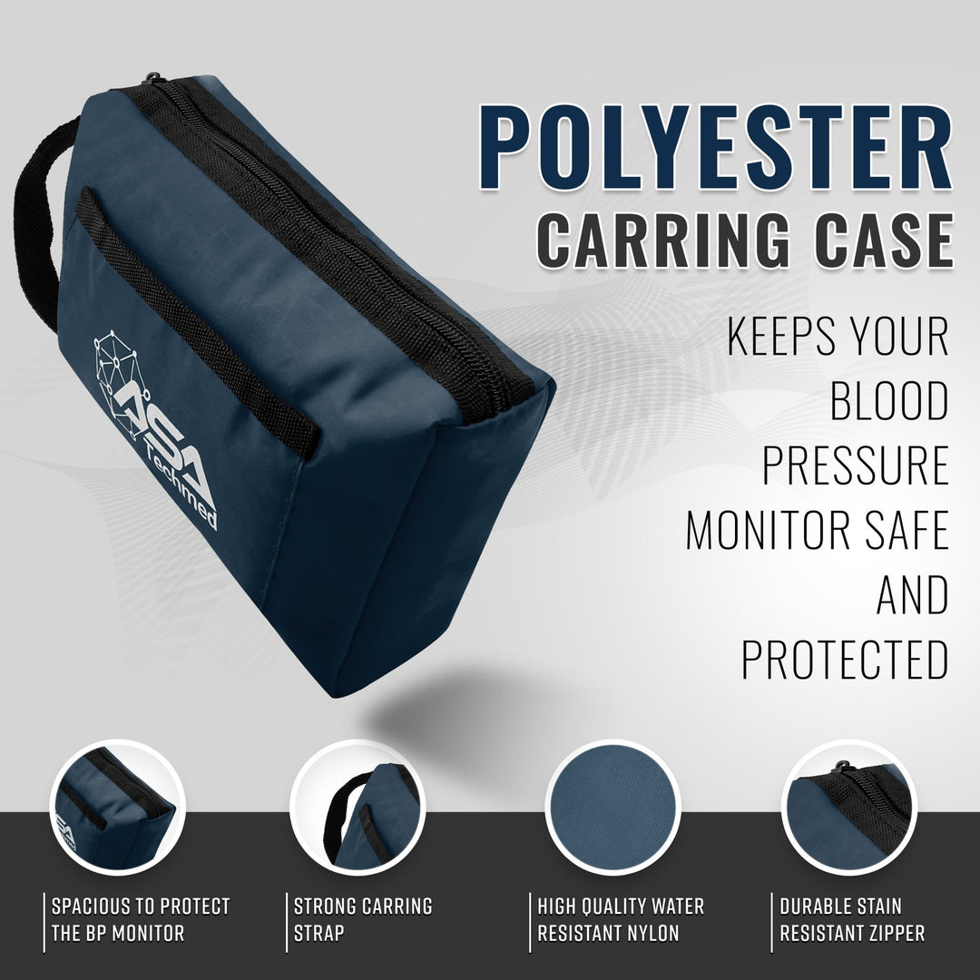 A navy blue polyester carrying case displayed dynamically with text highlighting features such as water-resistant nylon, a strong carrying strap, and durable zippers.