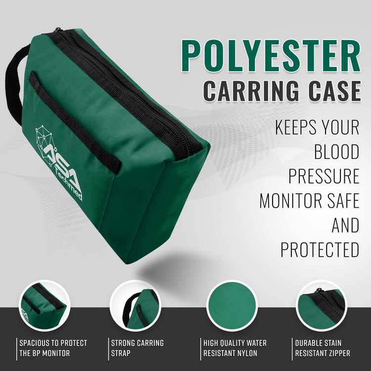 A hunter green polyester carrying case displayed dynamically with text highlighting features such as water-resistant nylon, a strong carrying strap, and durable zippers.