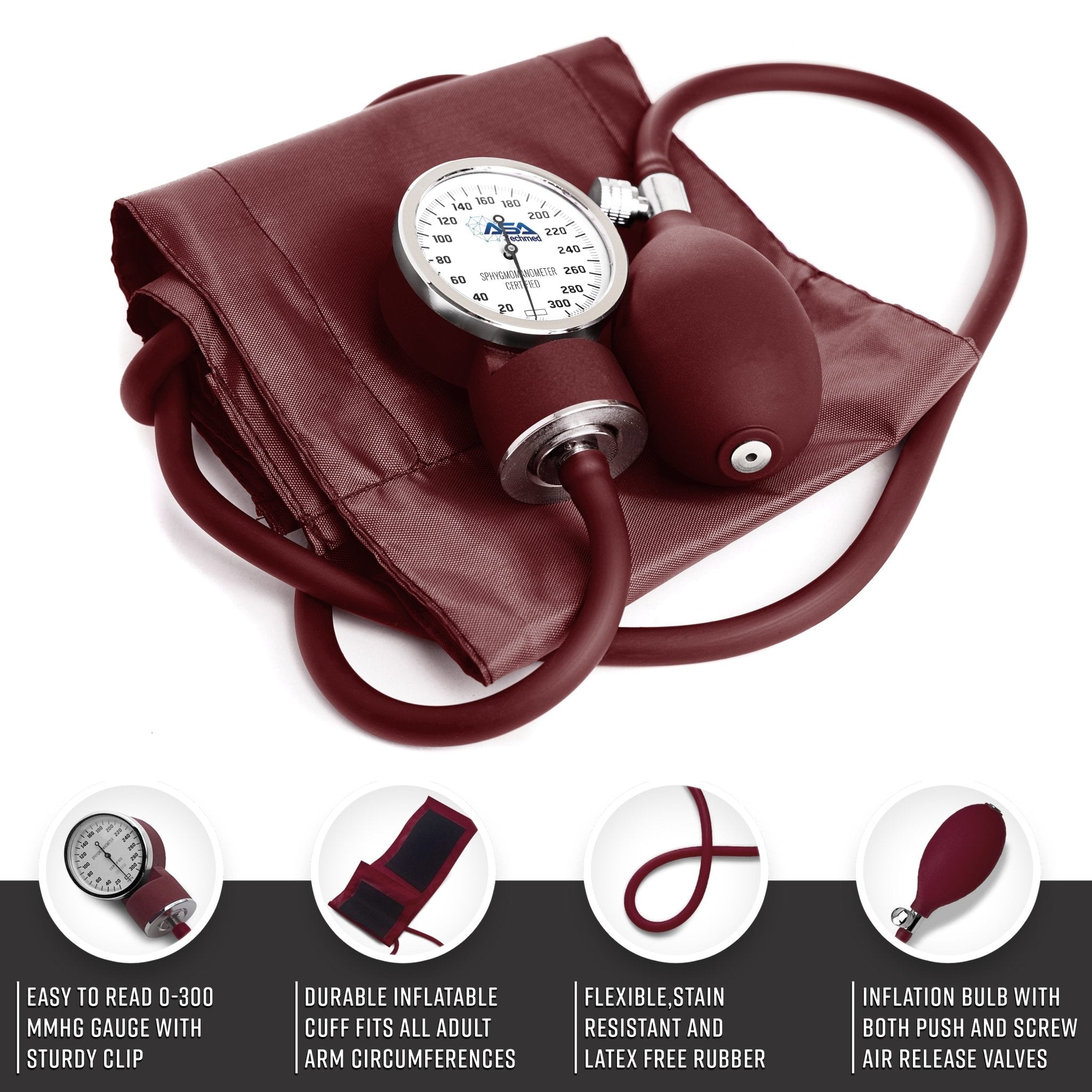 Detailed view of the burgundy manual blood pressure unit, featuring a 0-300 mmHg gauge, latex-free inflation bulb, and adjustable adult cuff.