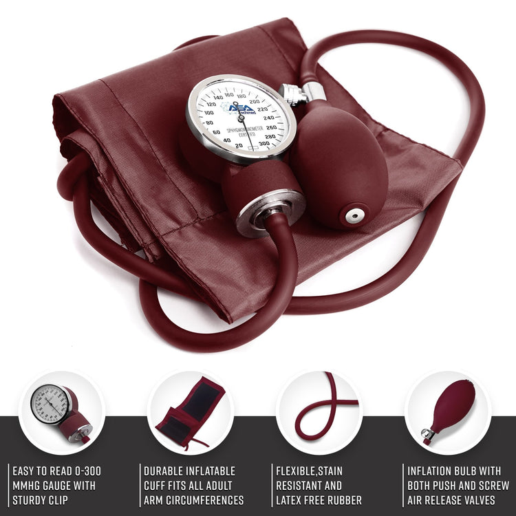 Detailed view of the burgundy manual blood pressure unit, featuring a 0-300 mmHg gauge, latex-free inflation bulb, and adjustable adult cuff.