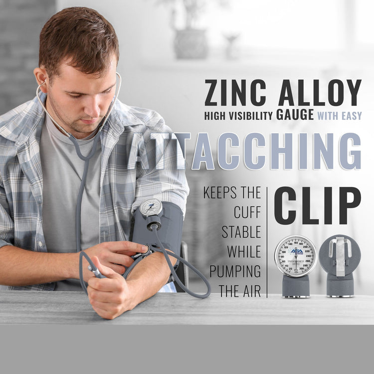A male medical professional demonstrating the use of the gray blood pressure cuff, focusing on the zinc alloy gauge clipped securely to the cuff.