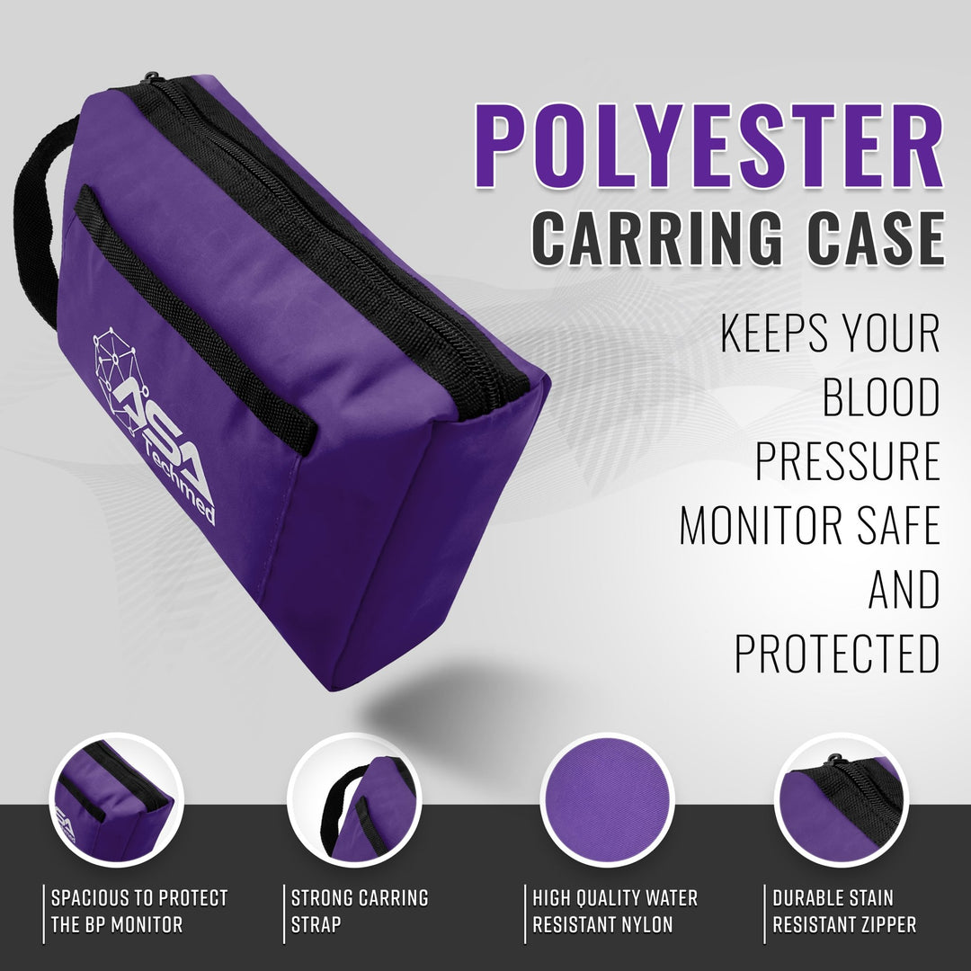 A purple polyester carrying case displayed dynamically with text highlighting features such as water-resistant nylon, a strong carrying strap, and durable zippers.