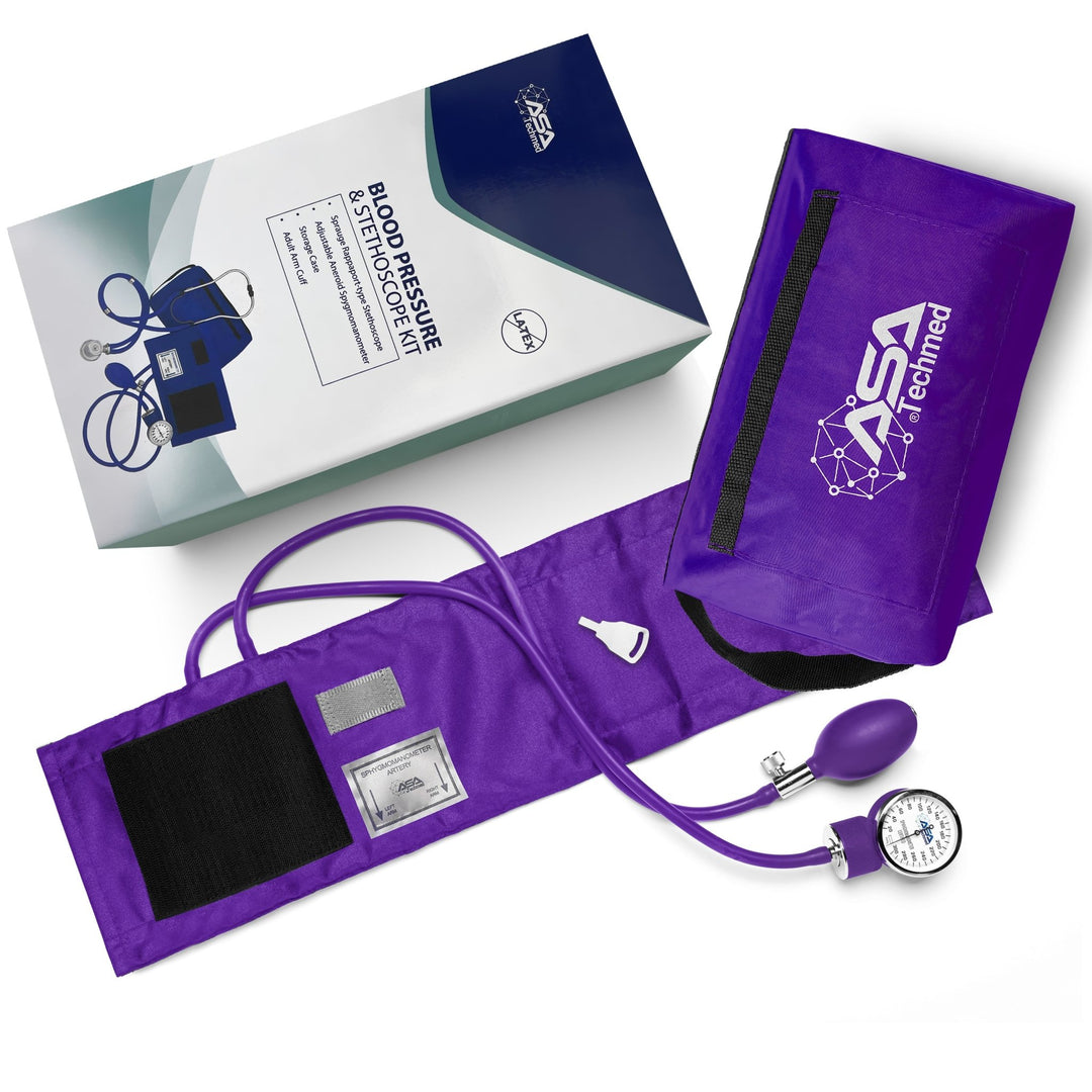 A retail box labeled 'Blood Pressure & Stethoscope Kit' displayed alongside a matching purple nylon zippered carrying case.