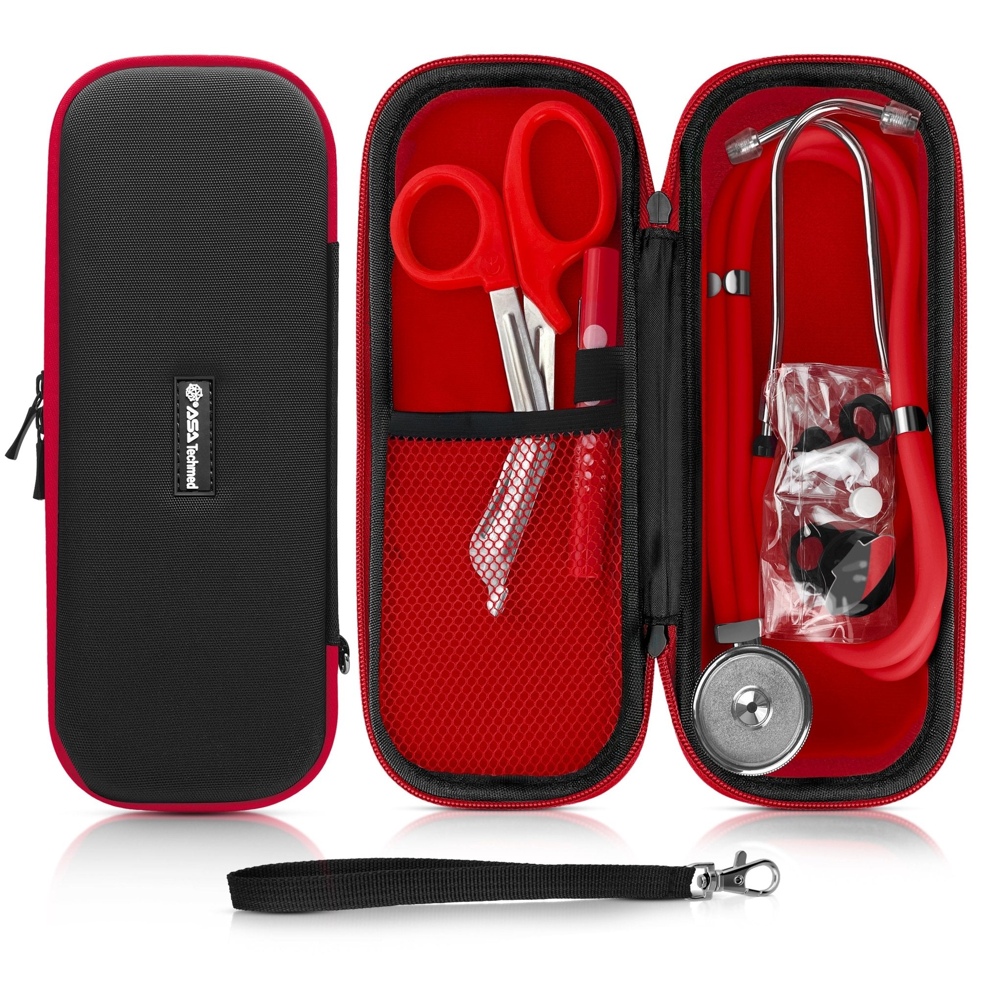 Product set display showing a closed case, an open case containing red trauma shears and a penlight, and a red stethoscope. 