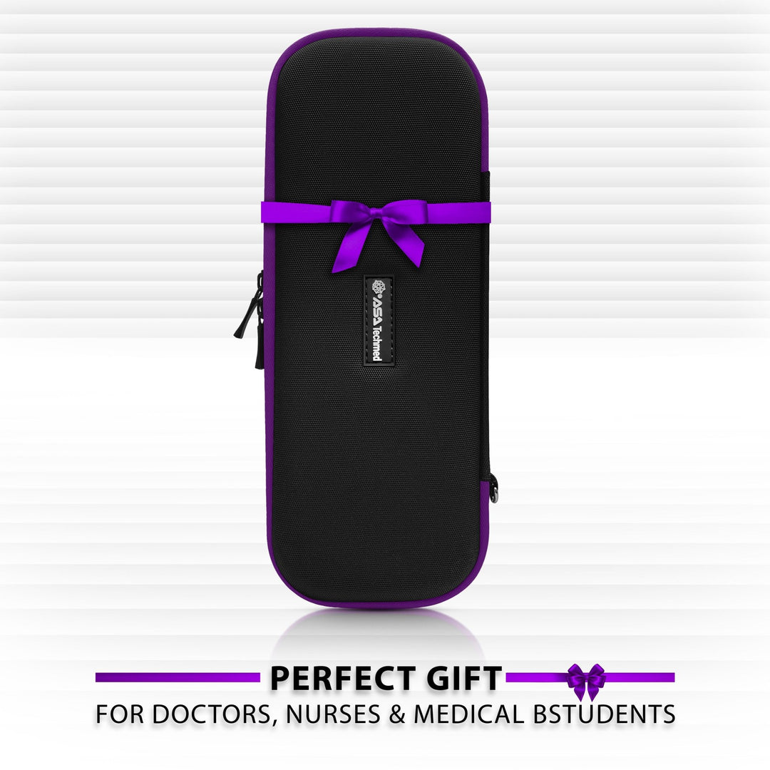 Closed black medical case with a purple ribbon tied in a bow. Text below reads: Perfect Gift for doctors, nurses & medical students.