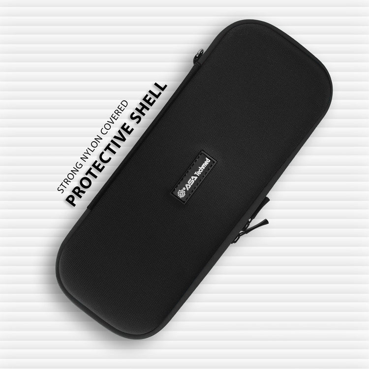 Top view of closed black medical carrying case with black trim and ASA Techmed logo in center. Text reads: Strong Nylon Covered Protective Shell.