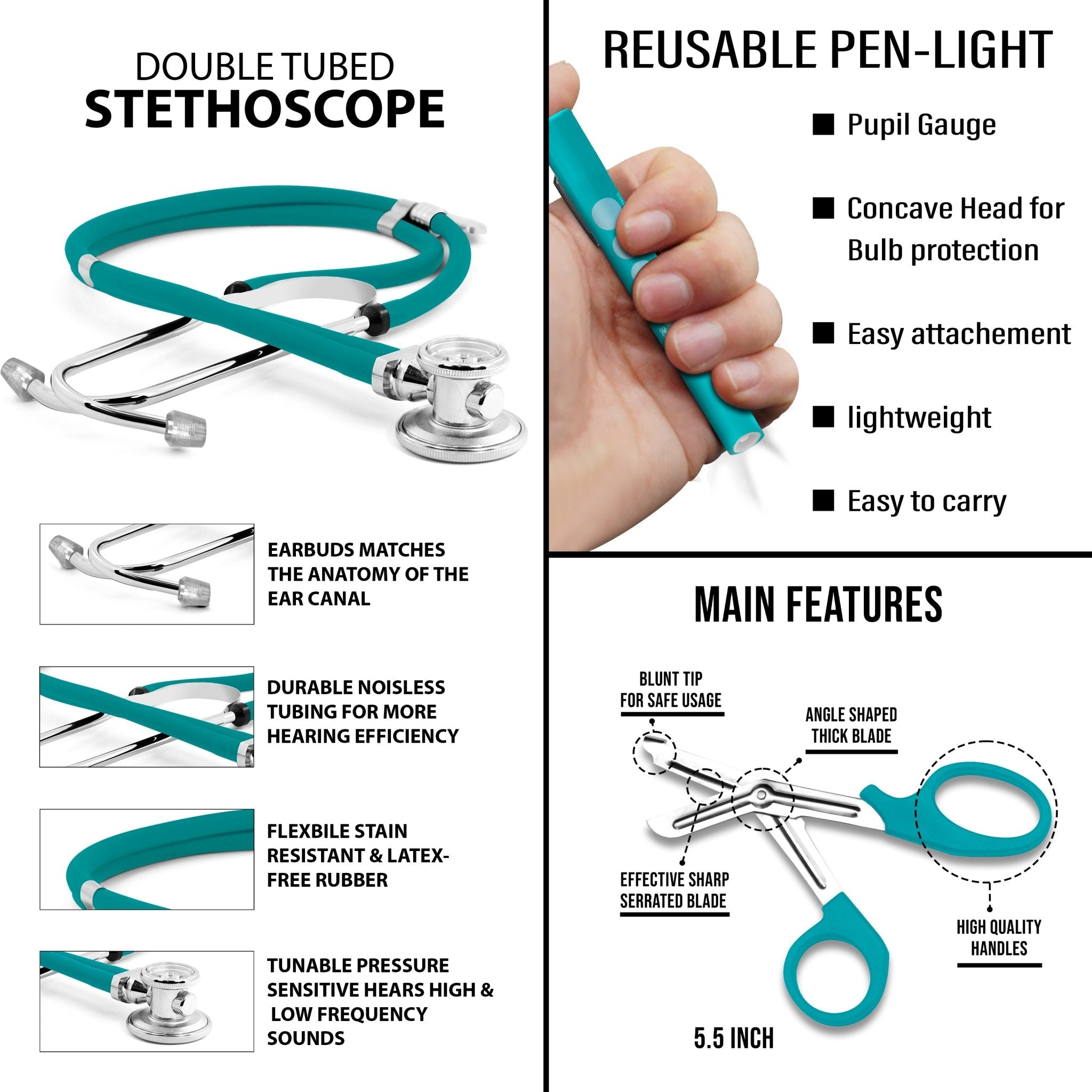 Infographic detailing features of the turquoise double-tubed stethoscope, reusable penlight, and 5.5-inch trauma shears.