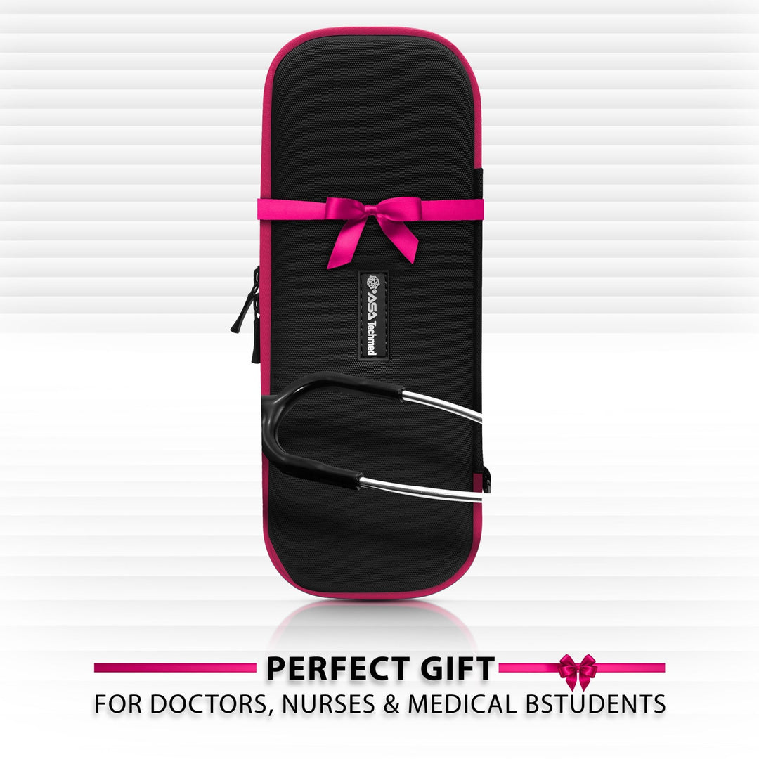 Closed black medical case with a pink ribbon tied in a bow. Text below reads: Perfect Gift for doctors, nurses & medical students.