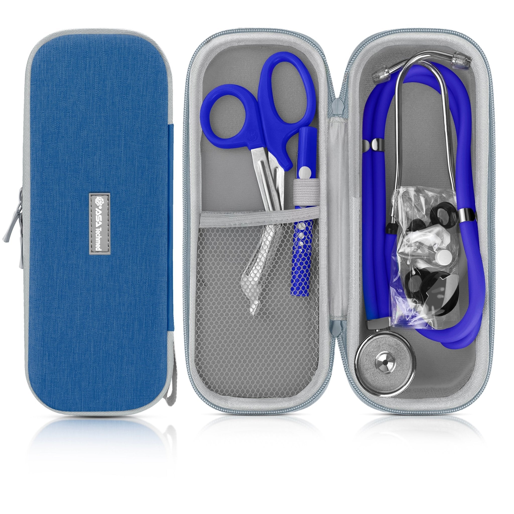 Product set display showing a closed case, an open case containing blue trauma shears and a penlight, and a blue stethoscope. 