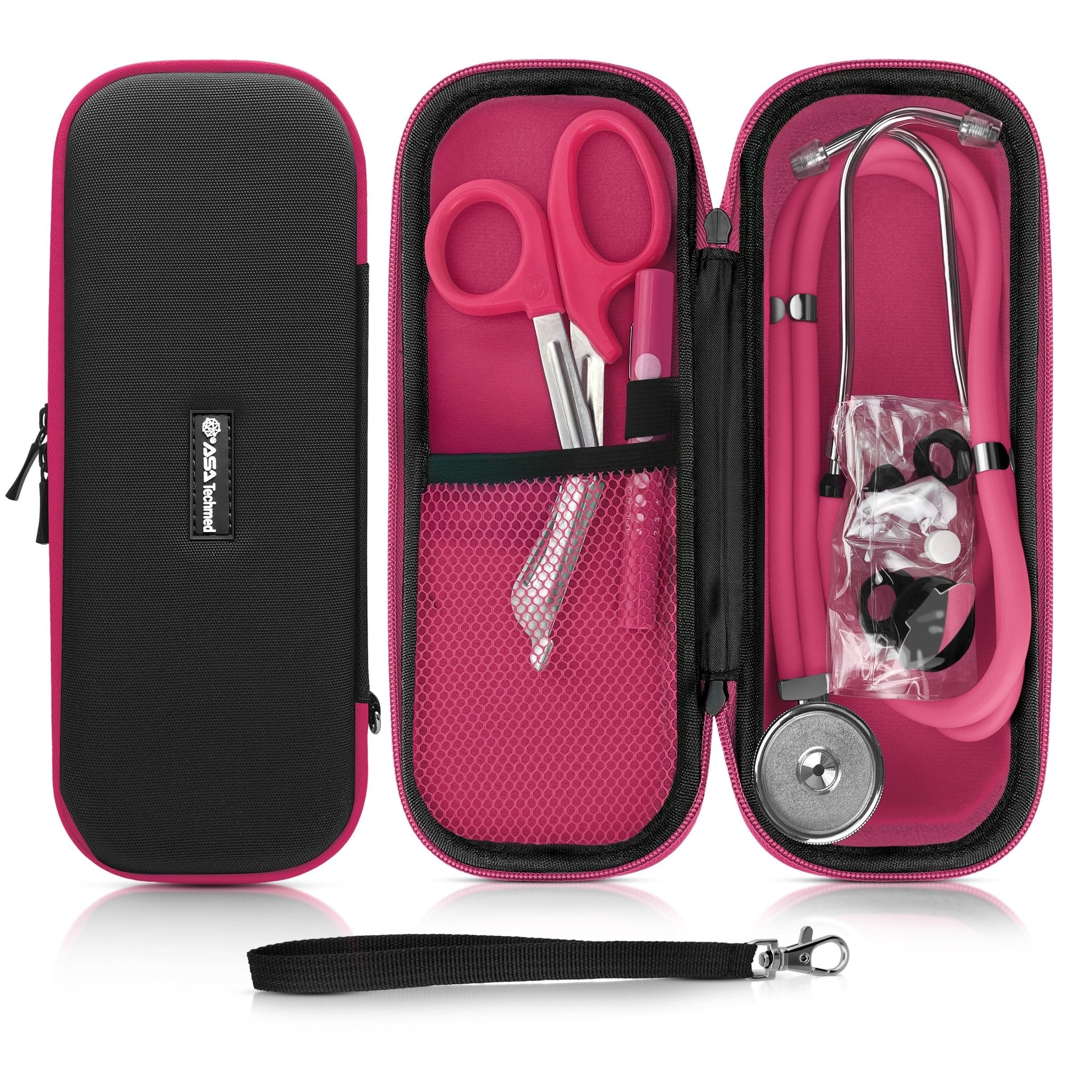 Product set display showing a closed case, an open case containing pink trauma shears and a penlight, and a pink stethoscope. 
