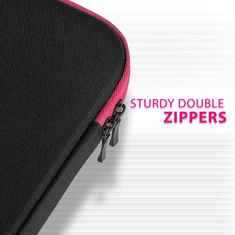 Close-up of a black textured fabric case showing pink zipper teeth and two black metal zipper pulls. Text reads: Sturdy Double Zippers.