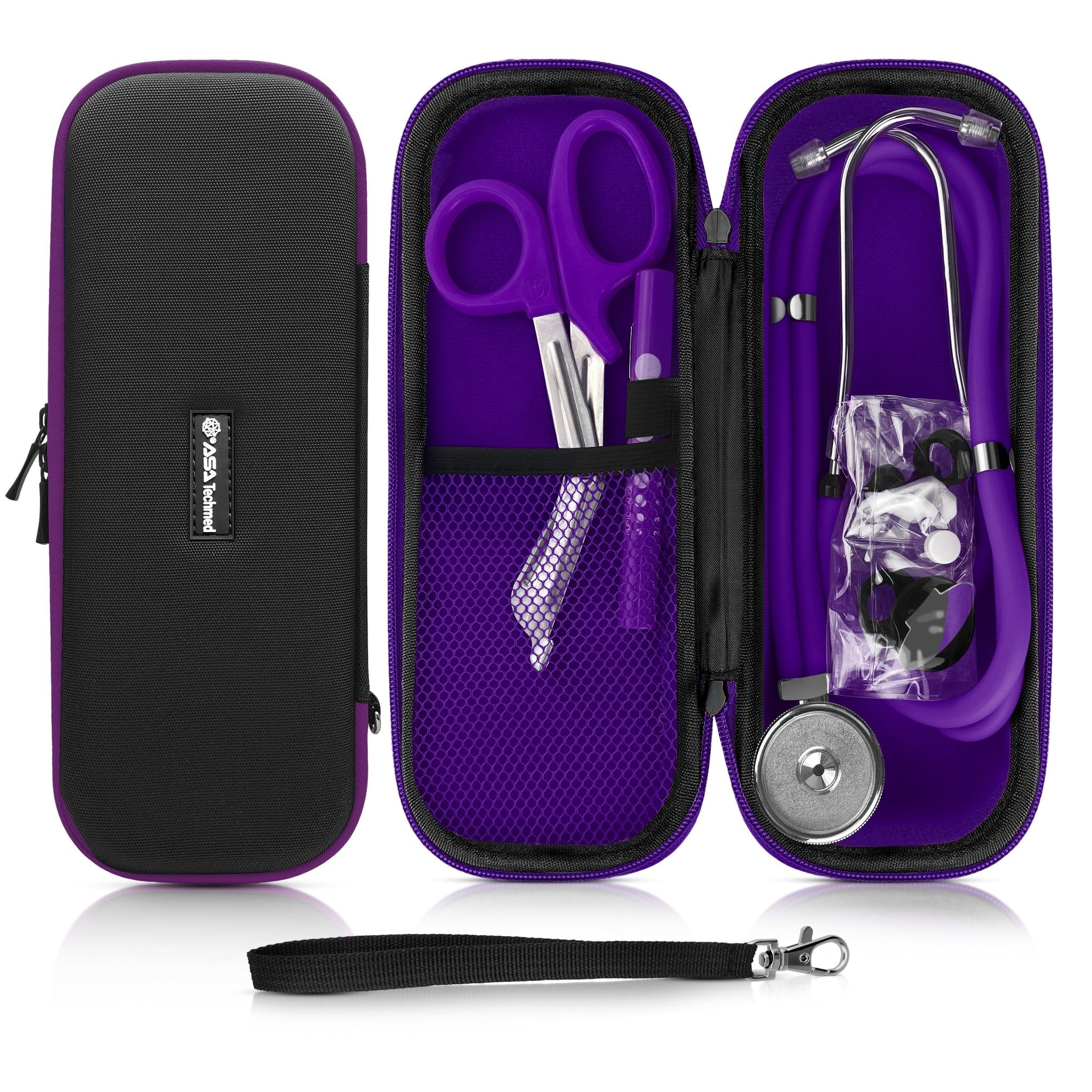 Product set display showing a closed case, an open case containing purple trauma shears and a penlight, and a purple stethoscope. 
