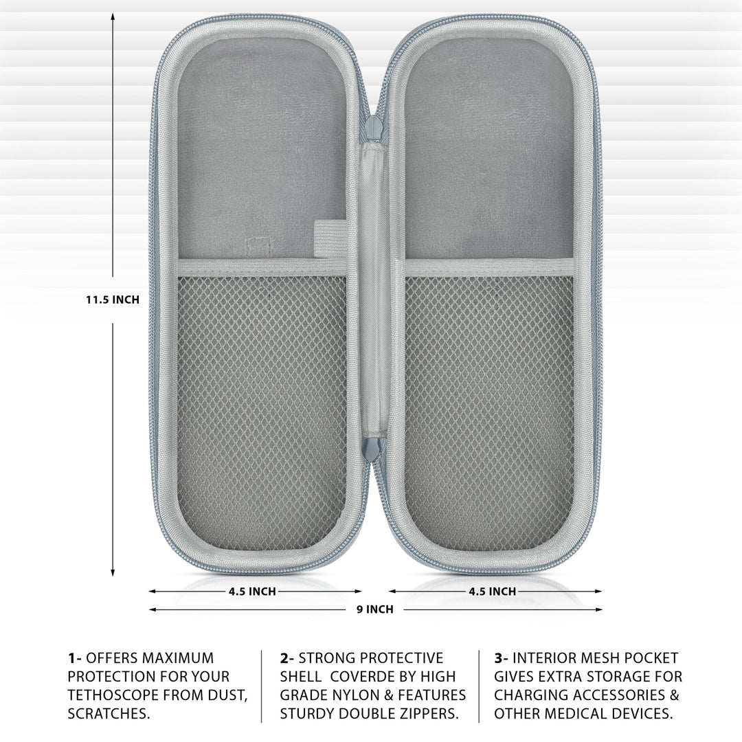 Open hard-shell case with gray interior lining. Left side has a mesh pocket; right side is empty. Dimensions marked as 11.5 inches high and 9 inches wide when open.