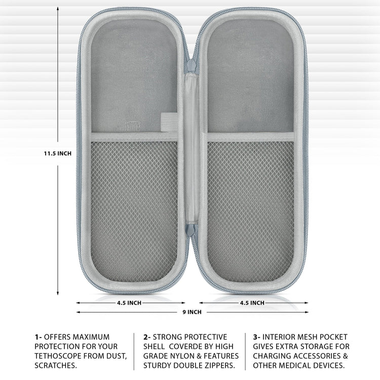Open hard-shell case with gray interior lining. Left side has a mesh pocket; right side is empty. Dimensions marked as 11.5 inches high and 9 inches wide when open.