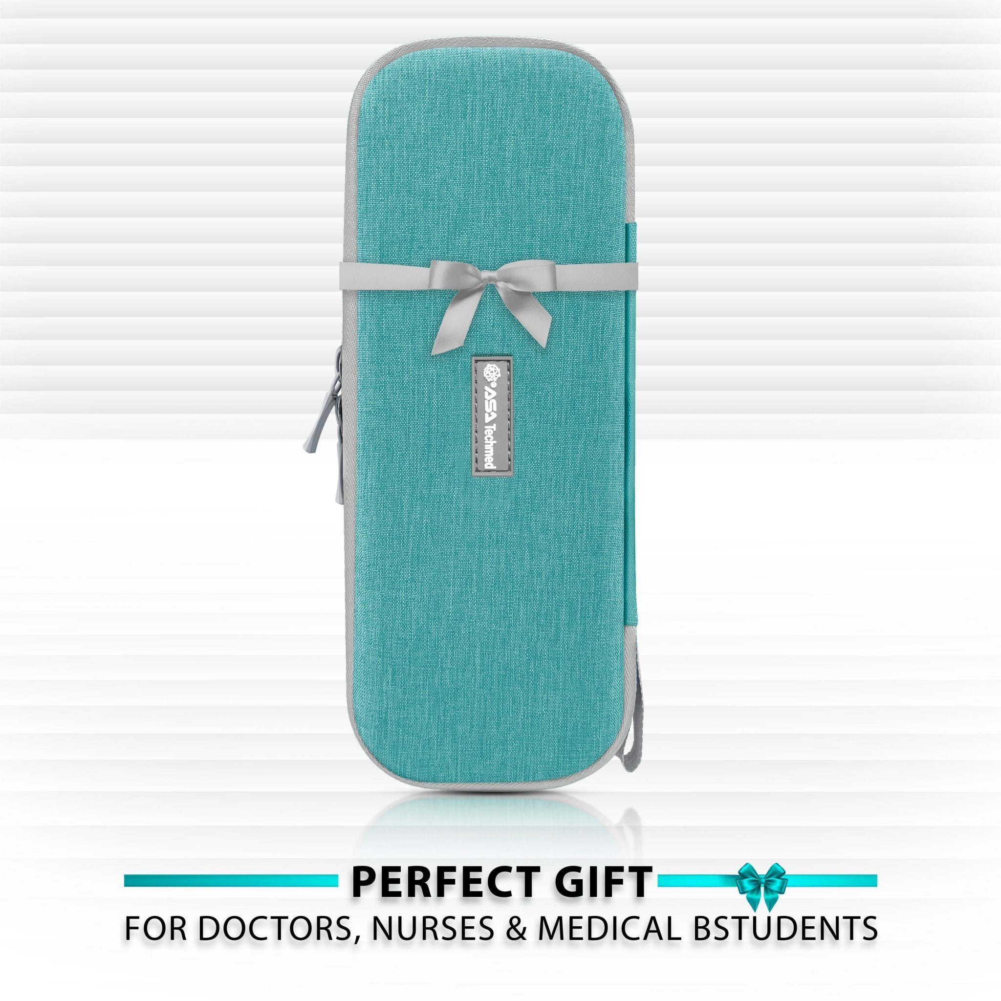 Closed turquoise medical case with a gray ribbon tied in a bow. Text below reads: Perfect Gift for doctors, nurses & medical students.