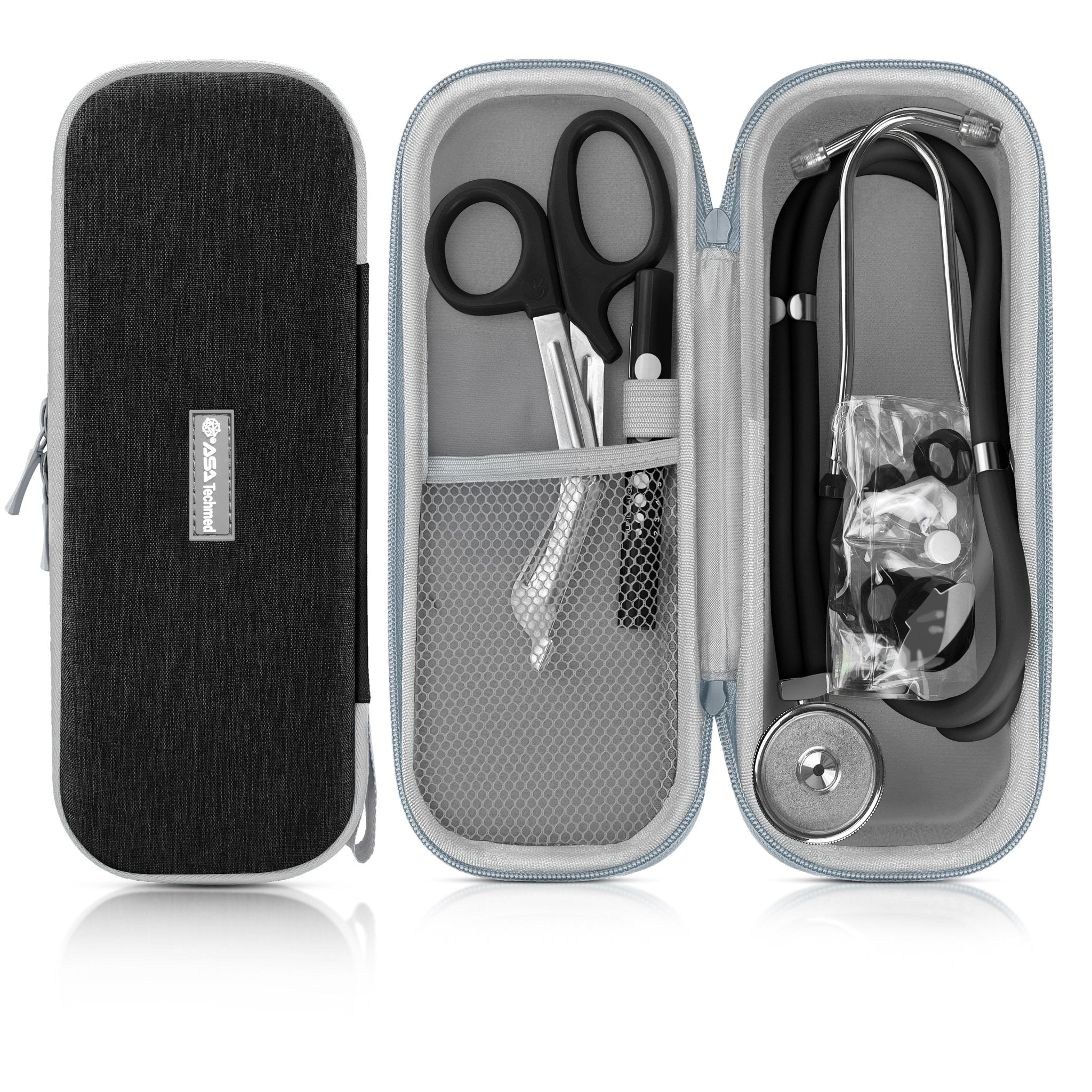 Product set display showing a closed case, an open case containing black trauma shears and a penlight, and a black stethoscope. 