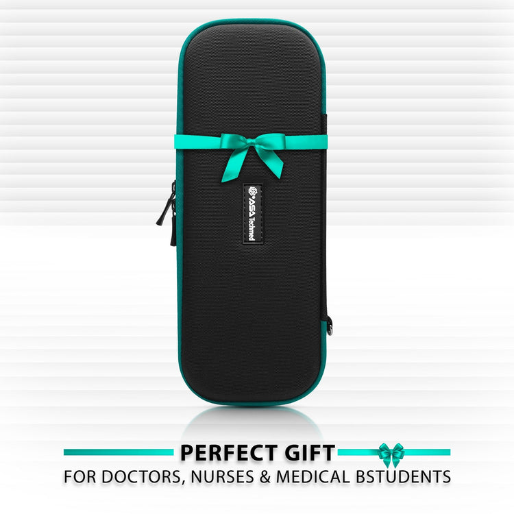 Closed black medical case with a turquoise ribbon tied in a bow. Text below reads: Perfect Gift for doctors, nurses & medical students.