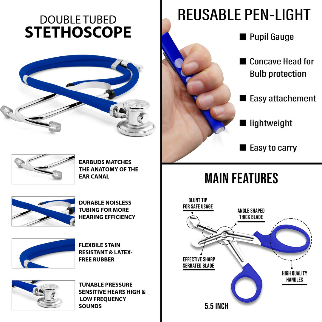Infographic detailing features of the blue double-tubed stethoscope, reusable penlight, and 5.5-inch trauma shears.