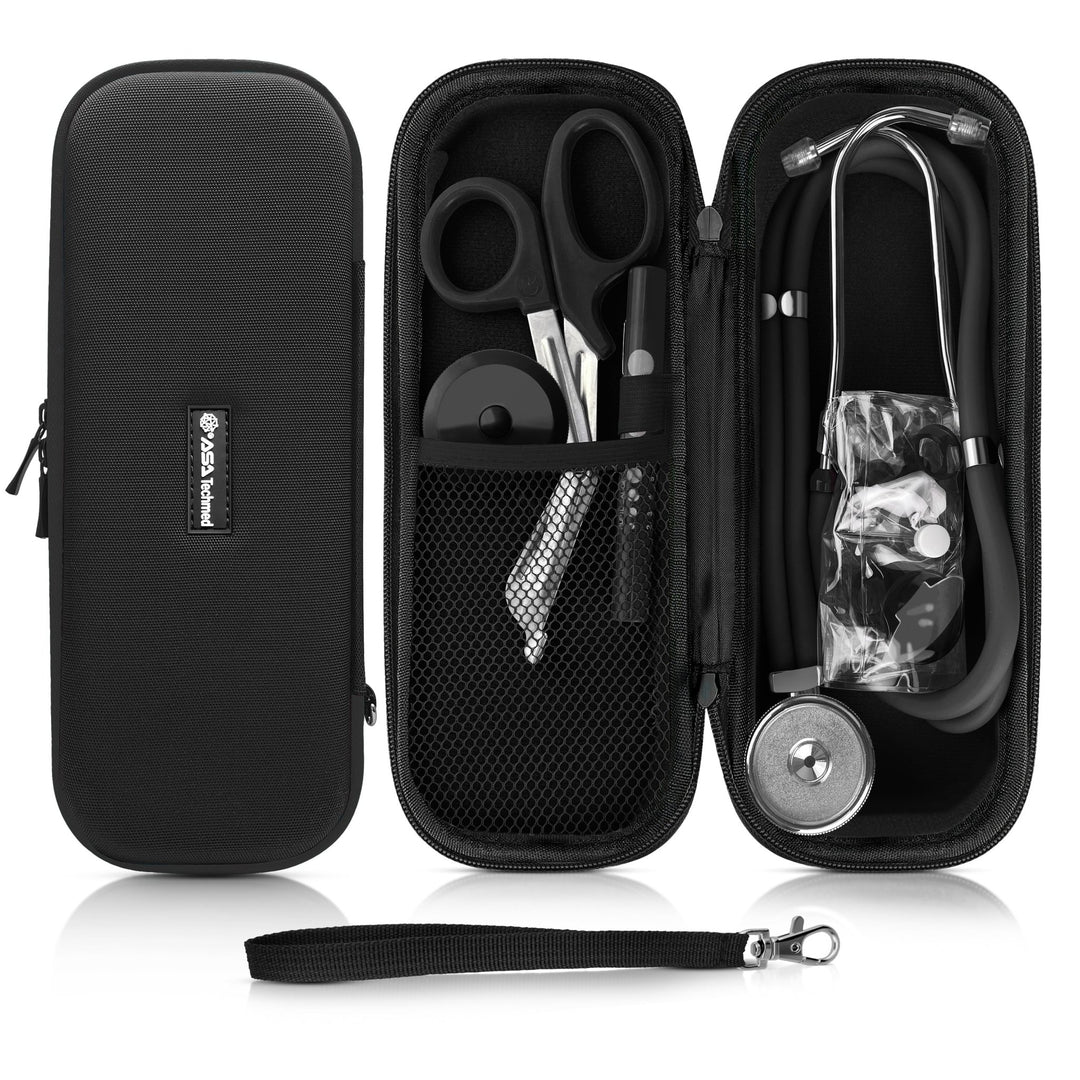 Product set display showing a closed black case with black trim, and the open case containing black trauma shears, a penlight, a retractable measuring tape, and a stethoscope. 
