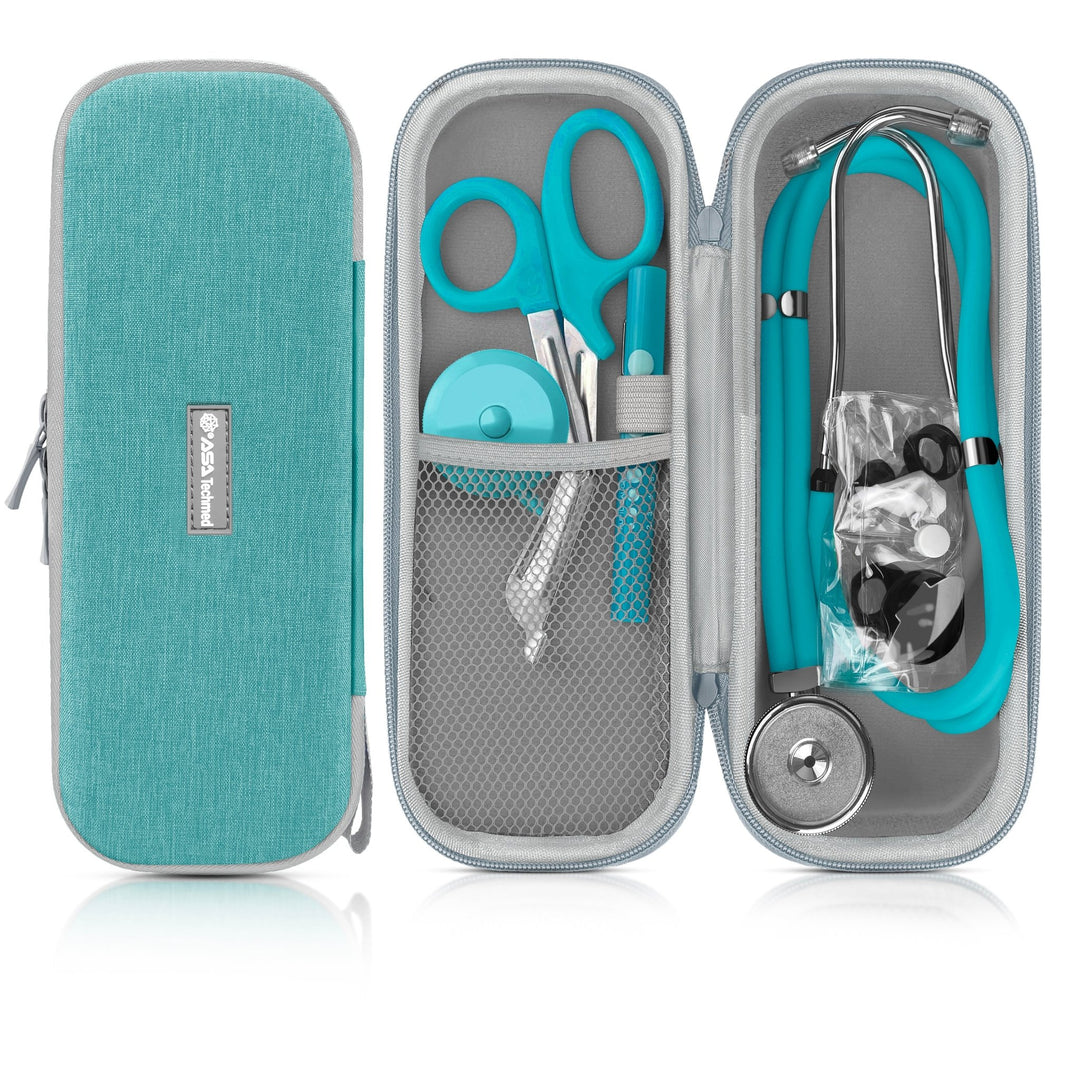 Product set display showing a closed turquoise case with gray trim, and the open case containing turquoise trauma shears, a penlight, a retractable measuring tape, and a stethoscope. 