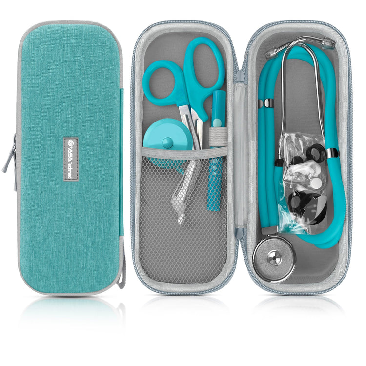 Product set display showing a closed turquoise case with gray trim, and the open case containing turquoise trauma shears, a penlight, a retractable measuring tape, and a stethoscope. 