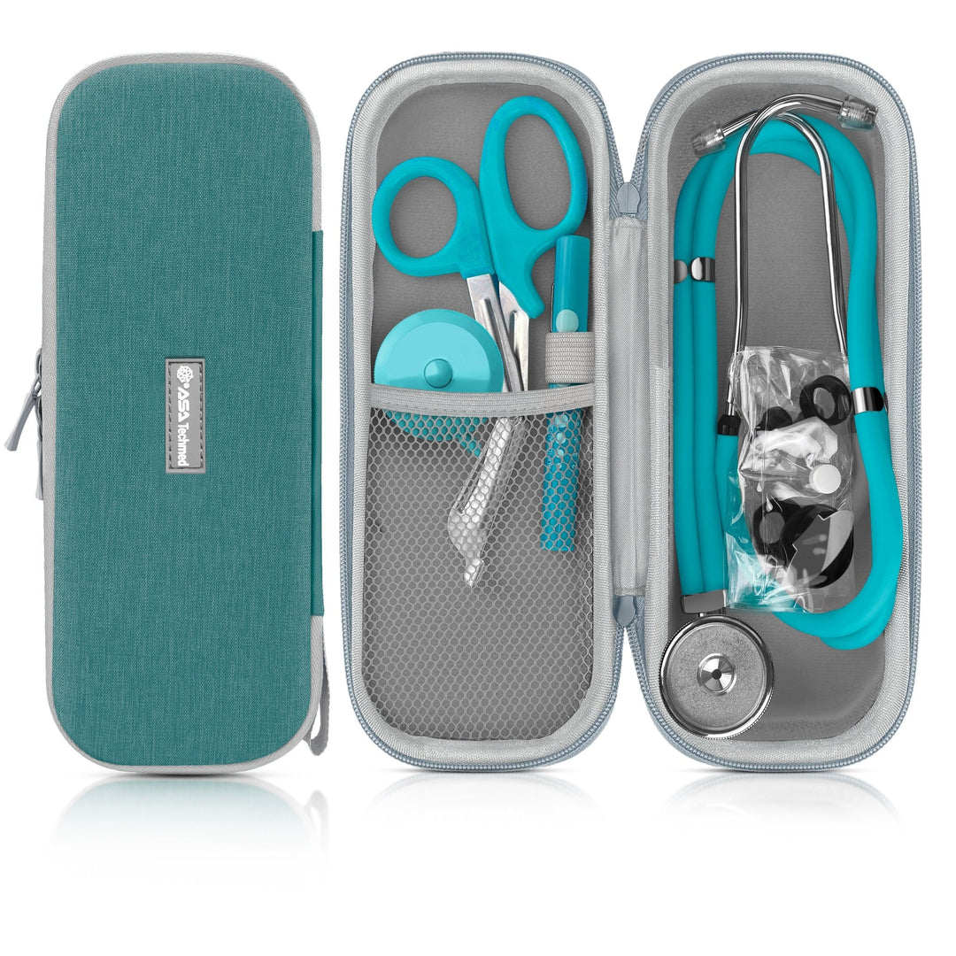 Product set display showing a closed teal case with gray trim, and the open case containing turquoise trauma shears, a penlight, a retractable measuring tape, and a stethoscope. 