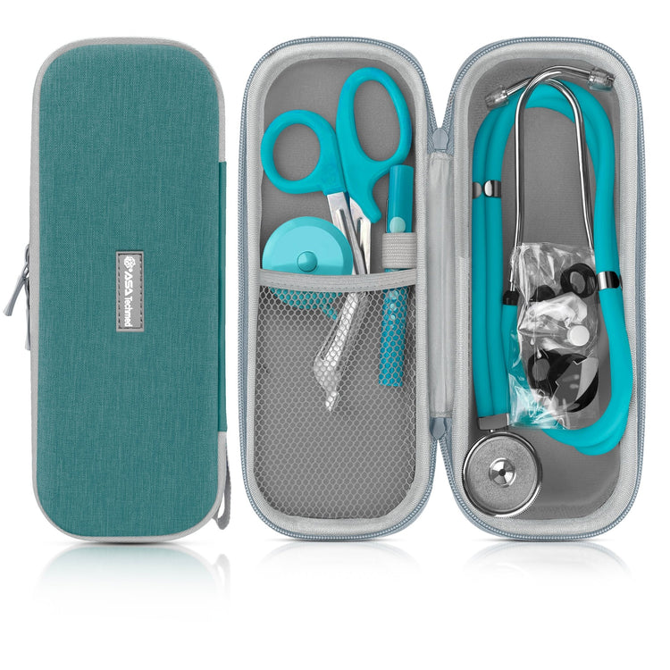 Product set display showing a closed teal case with gray trim, and the open case containing turquoise trauma shears, a penlight, a retractable measuring tape, and a stethoscope. 