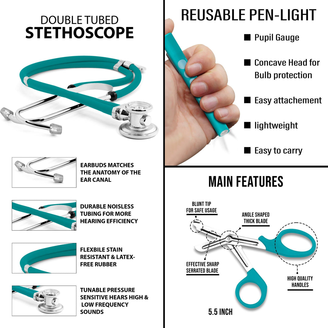 Infographic detailing features of the turquoise double-tubed stethoscope, reusable penlight, and 5.5-inch trauma shears.
