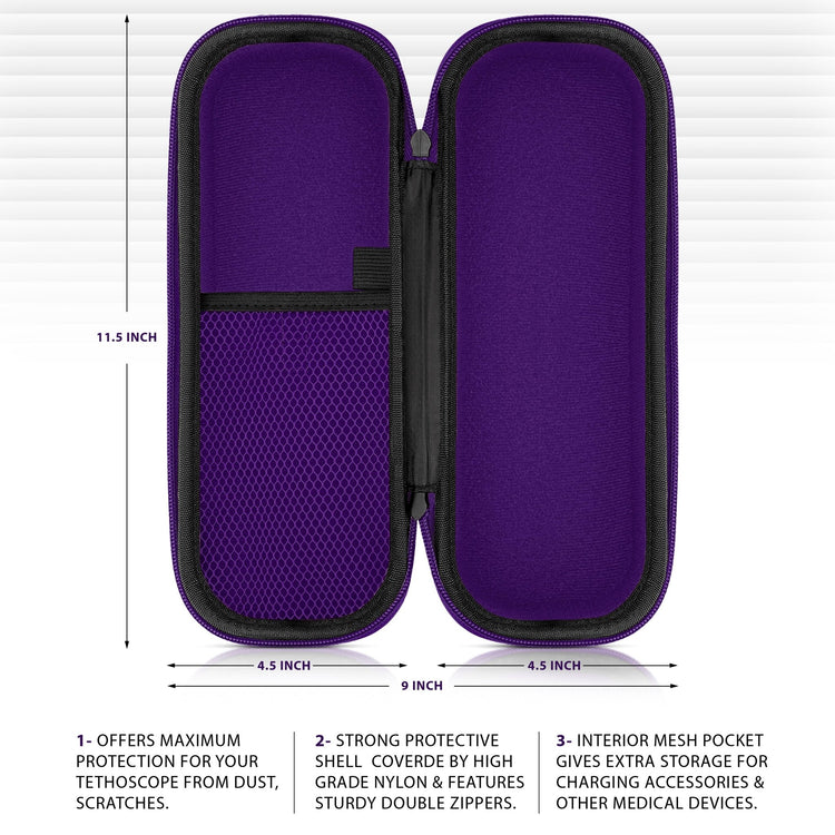 Open hard-shell case with purple interior lining. Left side has a mesh pocket; right side is empty. Dimensions marked as 11.5 inches high and 9 inches wide when open.