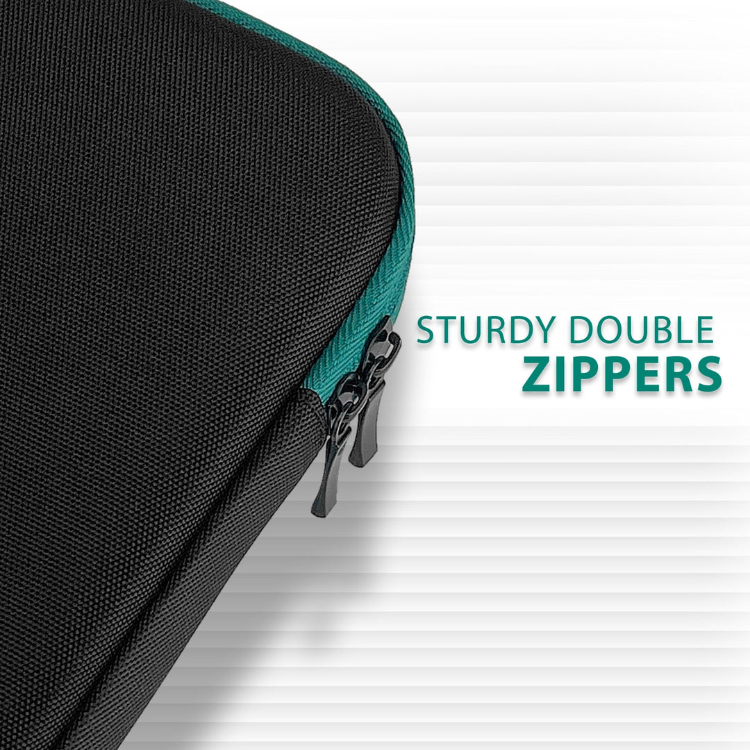 Close-up of a black textured fabric case showing turquoise zipper teeth and two black metal zipper pulls. Text reads: Sturdy Double Zippers.