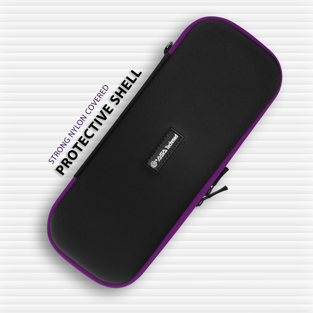 Top view of closed black medical carrying case with purple trim and ASA Techmed logo in center. Text reads: Strong Nylon Covered Protective Shell.