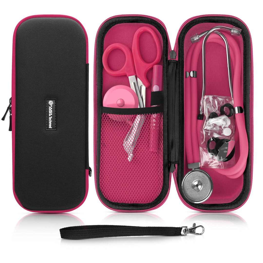 Product set display showing a closed black case with pink trim, and the open case containing pink trauma shears, a penlight, a retractable measuring tape, and a stethoscope. 