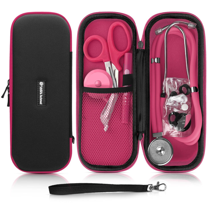 Product set display showing a closed black case with pink trim, and the open case containing pink trauma shears, a penlight, a retractable measuring tape, and a stethoscope. 