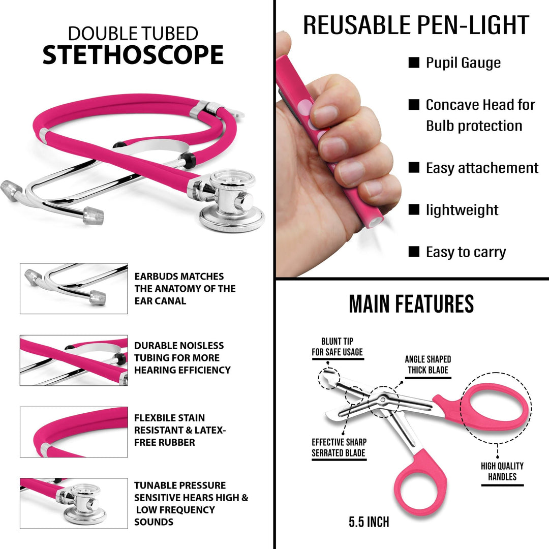 Infographic detailing features of the pink double-tubed stethoscope, reusable penlight, and 5.5-inch trauma shears.