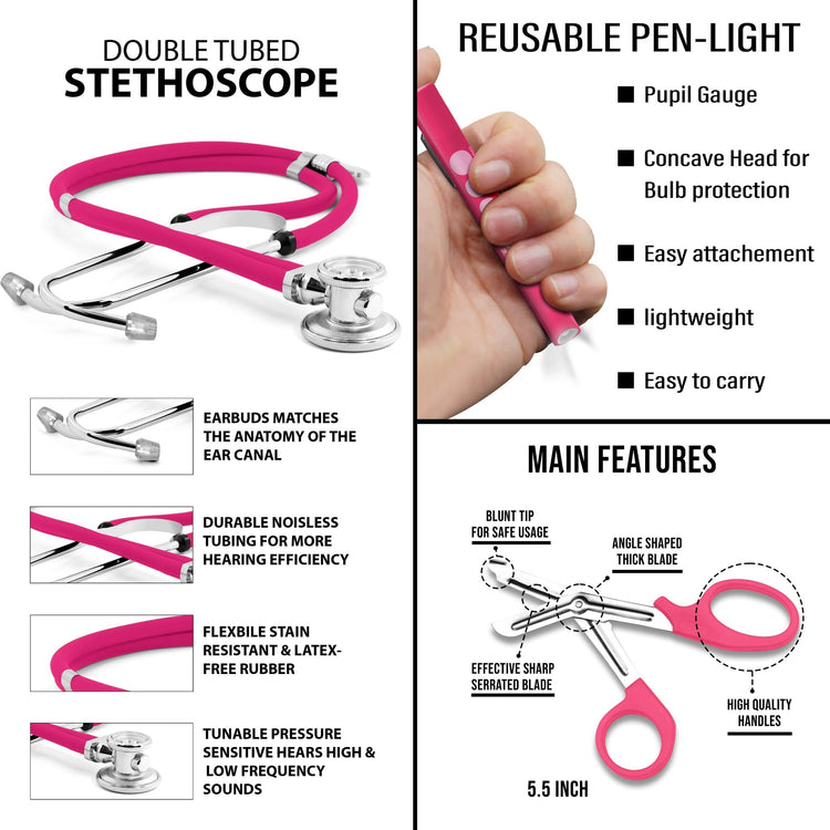 Infographic detailing features of the pink double-tubed stethoscope, reusable penlight, and 5.5-inch trauma shears.