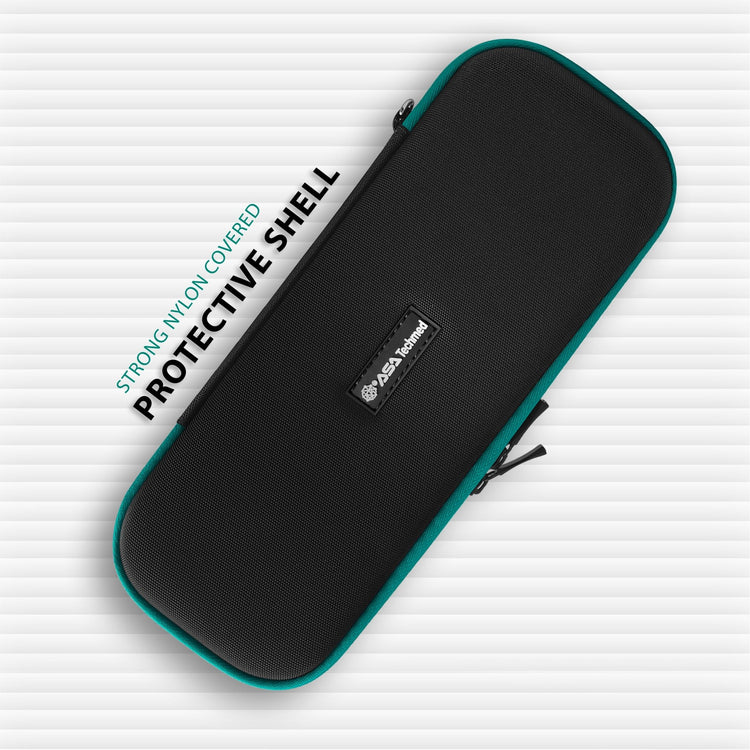 Top view of closed black medical carrying case with turquoise trim and ASA Techmed logo in center. Text reads: Strong Nylon Covered Protective Shell.