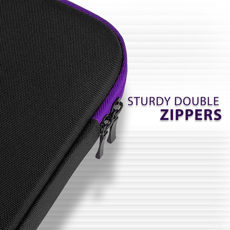 Close-up of a black textured fabric case showing purple zipper teeth and two black metal zipper pulls. Text reads: Sturdy Double Zippers.