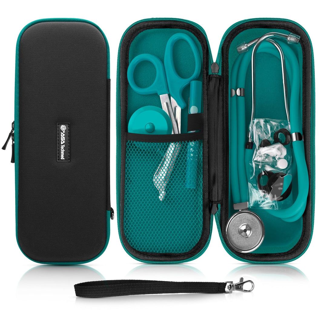 Product set display showing a closed black case with turquoise trim, and the open case containing turquoise trauma shears, a penlight, a retractable measuring tape, and a stethoscope. 